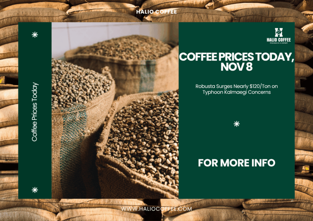 Coffee Prices Today, Nov 8: Robusta Surges Nearly $120/Ton on Typhoon Kalmaegi Concerns
